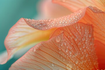 Poster - Delicate petals of a vibrant flower adorned with droplets reflecting soft light after a refreshing rain in a serene garden setting