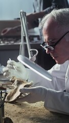 Wall Mural - Senior archaeologist works with fossil remains in modern archaeological laboratory. Male scientist examines bones of extinct prehistoric human species, cleans it with brush, uses professional tools.