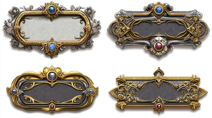 Poster - fantasy golden and silver frames for rpg game interface. empty banners or title bars with fancy gold
