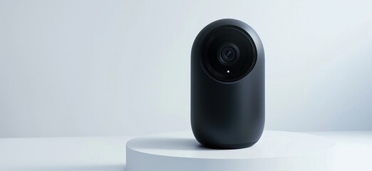 Poster - Modern black security camera, sleek design, minimalistic style, placed on white pedestal, suitable for home or office use, copy space for text