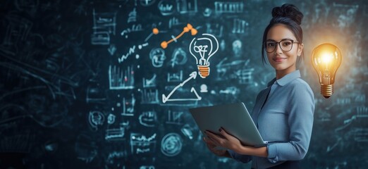 Poster - Businesswoman with laptop and lightbulbs, creative ideas, innovation, and strategy concept, chalkboard background with graphs and diagrams, copy space for text