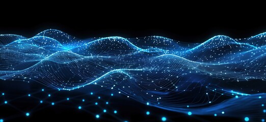 Poster - Abstract digital waves, glowing blue lines, interconnected nodes, flowing patterns, futuristic design, technology concept, copy space for text
