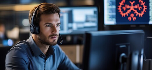 Poster - Call center agent focused on computer screen, monitoring data, analyzing information, wearing headset, professional environment, copy space for text