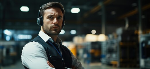 Poster - Warehouse manager with headphones in industrial setting, focused expression, professional attire, background of shelves and equipment, copy space for text