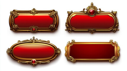 Poster - medieval buttons, ui game menu elements, red oblong banners and gold ornate rims. empty royal gui ba