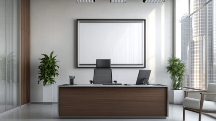 Poster - Desk, monitor, chairs and blank picture frame isolated on transparent background. Vector realistic set of modern furniture, table, chair and computer screen for workplace in office or home