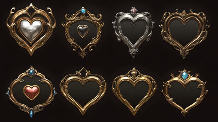 Poster - decorative metallic frame for game ui avatar or menu banner design. golden silver round and heart sh