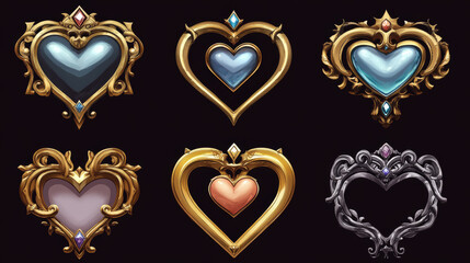 Poster - decorative metallic frame for game ui avatar or menu banner design. golden silver round and heart sh