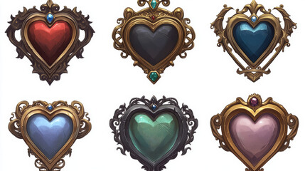Poster - decorative metallic frame for game ui avatar or menu banner design. golden silver round and heart sh