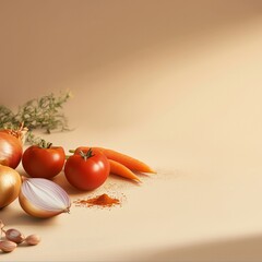 Wall Mural - Fresh vegetables and spices on beige background: tomatoes, onions, carrots, and garlic