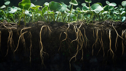 Wall Mural - A detailed underground view reveals the strong and intricate roots of Centella spreading dynamically through rich dark soil The scene symbolizes deep nourishment an