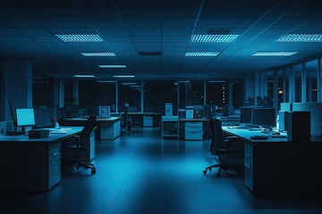 Poster - A large office space with blue lights on the ceiling