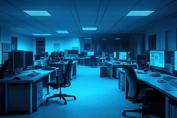 Poster - A blue office with many computer monitors and chairs