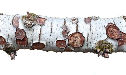 Close-up of a tree branch with peeling bark, isolated on white background.