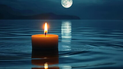 Wall Mural - Candle floating on tranquil lake under full