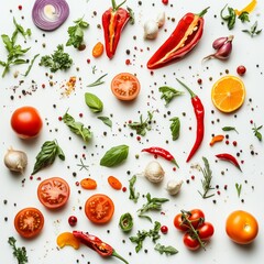 Wall Mural - Fresh vegetables and herbs with spices and citrus on white background