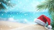 © Vodkaz - A festive Santa hat rests on sandy beach, surrounded by palm leaves, with snowflakes gently falling against a serene ocean backdrop.