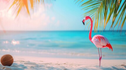 Wall Mural - a vibrant beach scene featuring a pink flamingo standing on the shore, with a coconut nearby and pal
