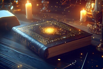 Wall Mural - A blue book bound in leather, with a bright glow on the cover, a book with patterns and a magic portal, ritual atmosphere, Magic book