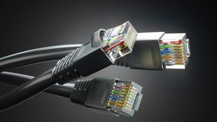 Leinwandbilder - Internet network connectors rj45 and ethernet cables on black background. 3d animation