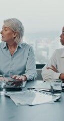 Aufkleber - Business women, meeting and collaboration in office with budget review for accounting project. Feedback, listening and financial report with professional consultation and paperwork for audit job