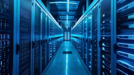 Poster - Data center with server rack cabinets. AI training cluster. Modern datacenter, supercomputer. Advanced cloud computing and big data storage. Artificial intelligence. Future technology background