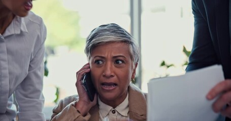 Aufkleber - office, hands and businesswoman with phone call for multitasking, chaos or anxiety for workload. col