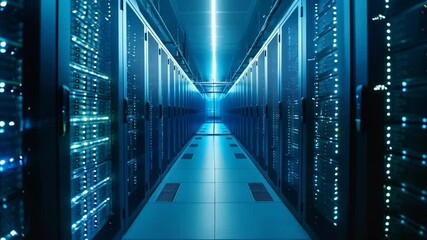 Poster - Data center with server rack cabinets. AI training cluster. Modern datacenter, supercomputer. Advanced cloud computing and big data storage. Artificial intelligence. Future technology background