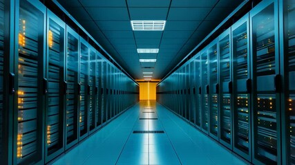 Poster - Data center with server rack cabinets. AI training cluster. Modern datacenter, supercomputer. Advanced cloud computing and big data storage. Artificial intelligence. Future technology background