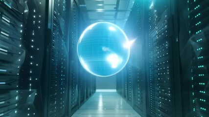 Poster - Data center with server rack cabinets. Earth globe digital hologram. Modern datacenter, supercomputer. Advanced cloud computing and big data storage. Artificial intelligence. Future technology