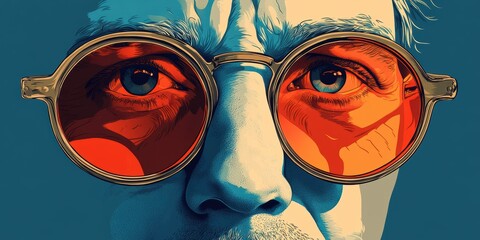 Wall Mural - Artistic Close-Up of Person Wearing Bold, Round Glasses with Reflective Orange Lenses Featuring Detailed, Surrealistic Imagery in Vibrant Colors