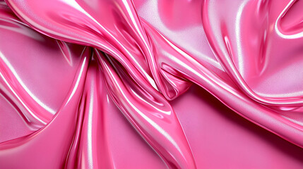 Poster - A vibrant pink satin fabric drapes elegantly, showcasing its smooth texture and glossy finish, perfect for fashion or decorative purposes.