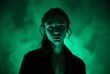 © GS-Studio - Mysterious Woman In Green Smoke: A woman with piercing blue eyes emerges from a swirling green fog, her expression enigmatic and captivating. Her dark silhouette, accentuated by the ethereal smoke.