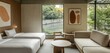 © Muhammad - Minimalist hotel room with two single beds, subtle abstract art with organic shapes, simple sofa set, modern table, and a view of a serene river outside.
