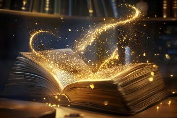 Wall Mural - an open book with a bright magical light, a book lies on the table