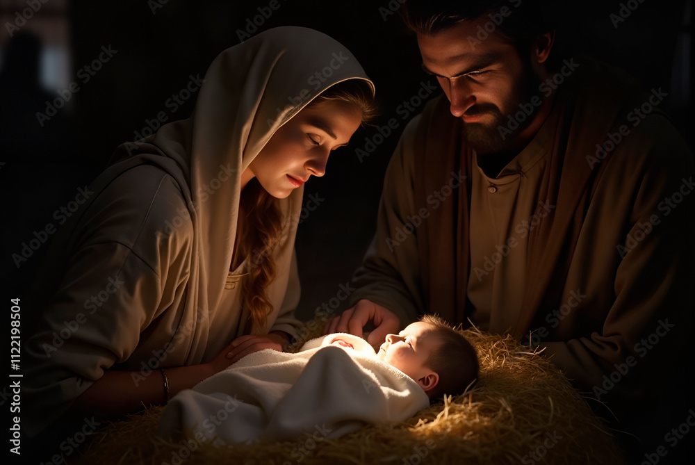 Serene nativity scene, with Mary and Joseph gazing tenderly at baby ...