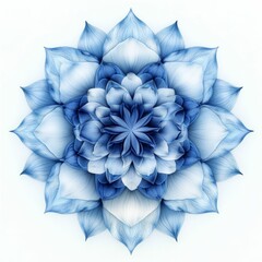 Poster - Blue floral mandala, translucent petals, symmetrical design.