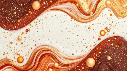 Poster - A vibrant abstract design featuring flowing waves and shimmering bubbles in warm tones of brown and gold, perfect for backgrounds or artistic projects.