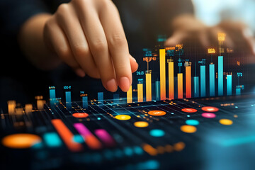 Poster - close-up of hands interacting with a holographic financial data display.
