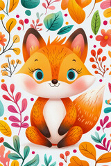 Wall Mural - Cute orange fox character surrounded by colorful leaves and flowers. Generative AI