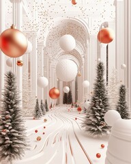 Aufkleber - Festive Minimalist Wonderland With Christmas Ornaments and Snowy Landscape
