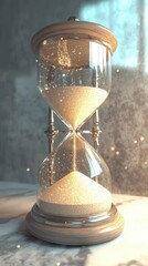 Poster - Glowing Hourglass With Shimmering Sand Against a Soft Blue Background Creates a Serene Atmosphere