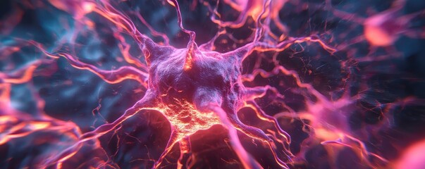 Poster - A vibrant, close-up view of a neuron, showcasing its intricate structure and glowing connections in a colorful, abstract representation.