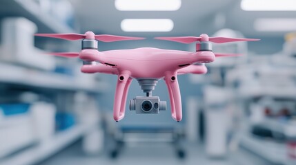 Poster - A pink drone hovers in a lab-like environment, showcasing modern technology and innovation in aerial photography and videography.