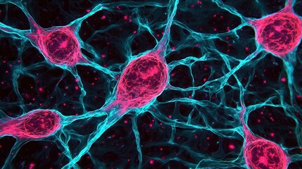 Poster - A vivid depiction of neurons interconnected with glowing cyan and magenta fibers, showcasing the complexity of neural networks at a microscopic level.
