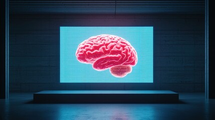 Poster - A vibrant digital representation of a brain displayed on a large screen, set against a modern, minimalistic backdrop.