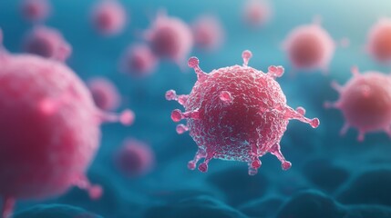 Poster - A vivid depiction of pink viruses floating in a microscopic environment, illustrating the intricate details of pathogens.