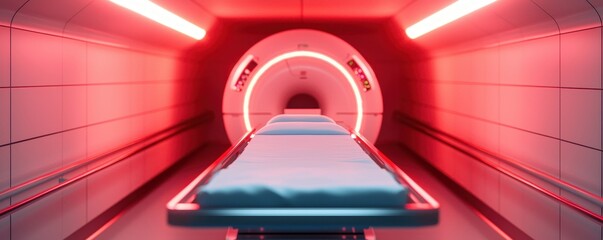 Poster - A futuristic medical imaging room with a glowing red atmosphere, featuring a diagnostic table and a circular opening for scanning purposes.