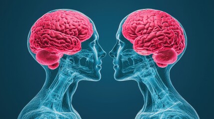 Poster - Two translucent human figures face each other, showcasing detailed pink brains, symbolizing connection, thought, and communication.