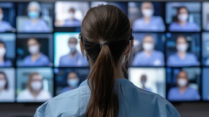 Poster - A healthcare worker observes multiple screens displaying masked individuals, highlighting telemedicine or remote consultations in a clinical setting.